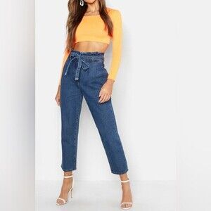 Paper Bag High Waisted Tie Front Jeans Womens 4 Blue Denim Boho Bohemian Hi Rise